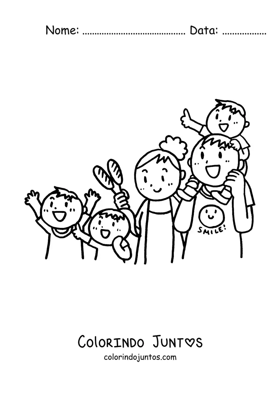 Desenho para colorir de uma família de dois pais e três filhos