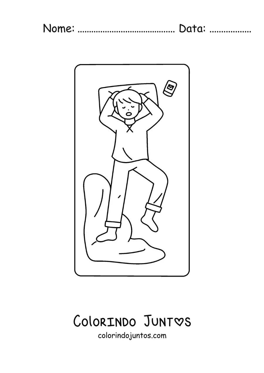 Desenho para colorir de um menino dormindo na cama ao lado do celular