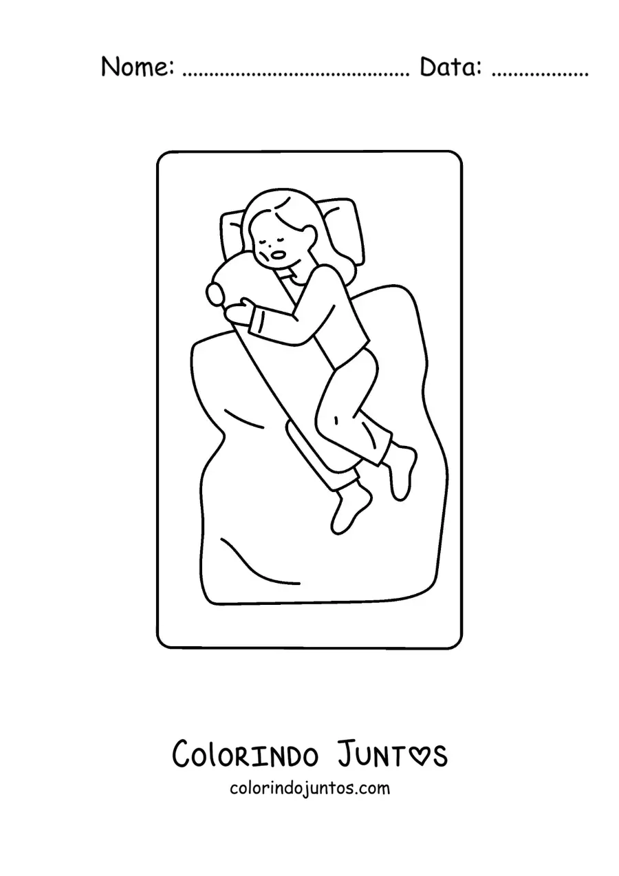 Desenho para colorir de uma menina dormindo na cama abraçando um travesseiro