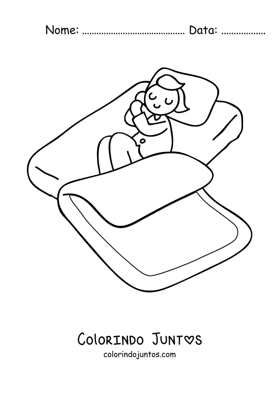 Desenho para colorir de um menino dormindo na cama