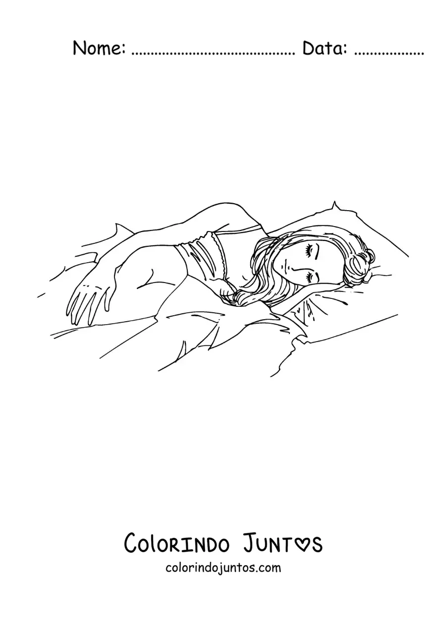 Desenho para colorir de uma garota anime dormindo na cama