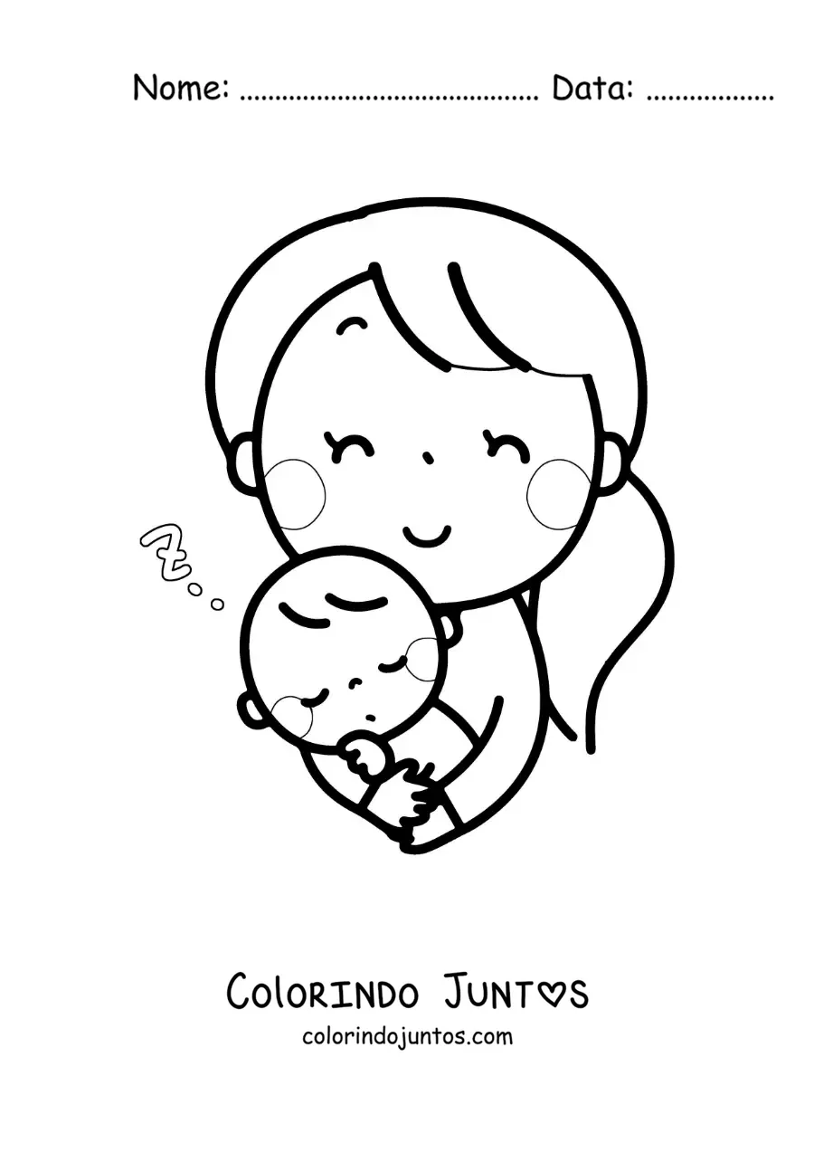 Desenho para colorir de uma mãe ninando seu bebê no colo