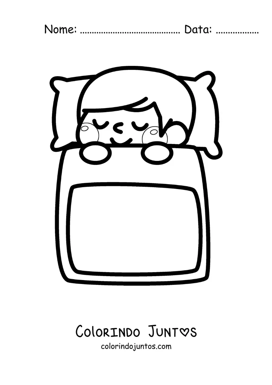 Desenho para colorir de um menino kawaii dormindo na cama
