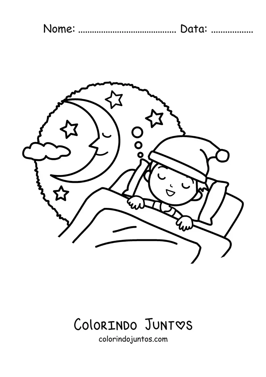 Desenho para colorir de um menino dormindo na cama com a lua ao fundo