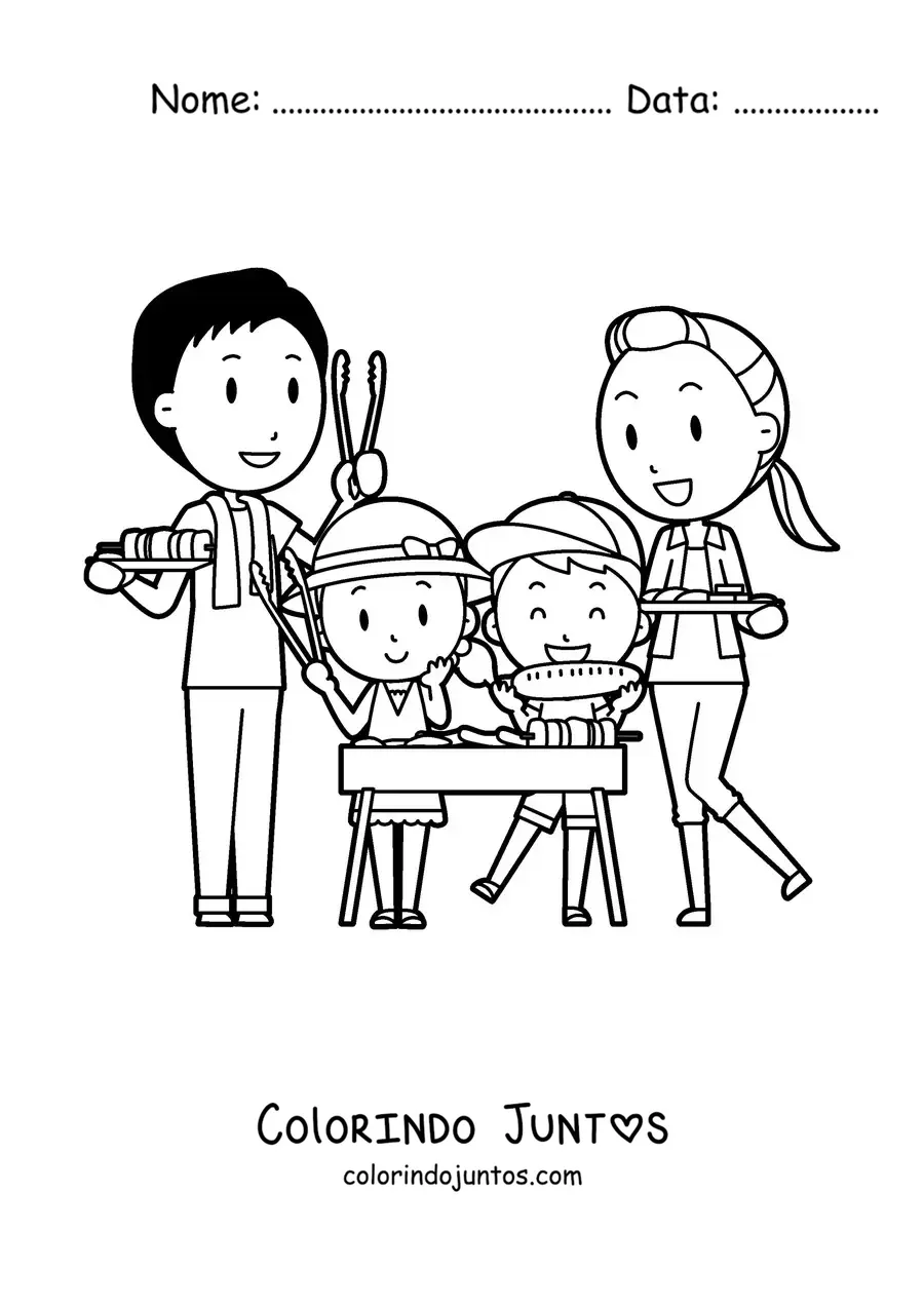 Desenho para colorir de uma família fazendo um churrasco