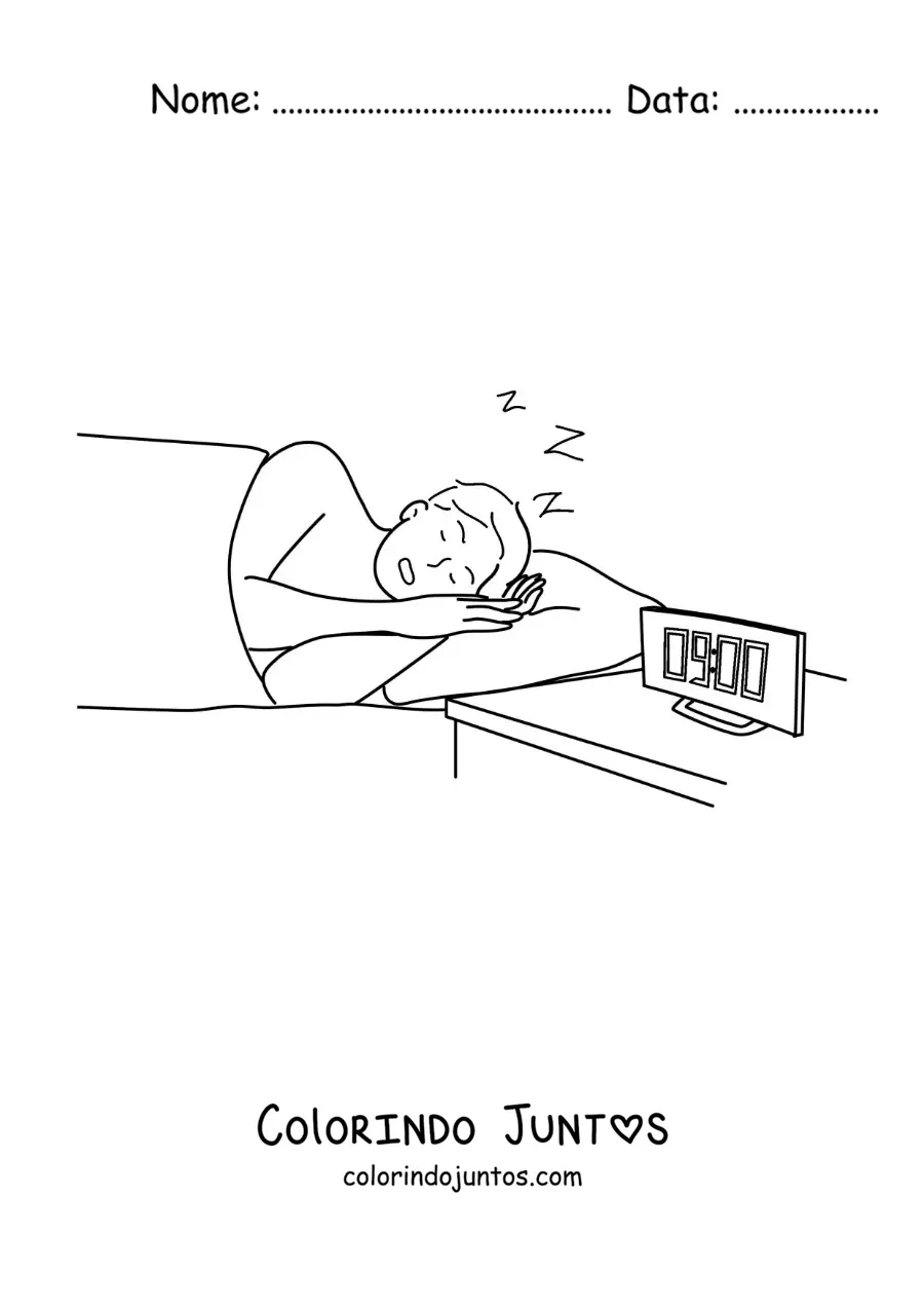 Desenho para colorir de um menino dormindo na cama com um relógio que marca 9 horas
