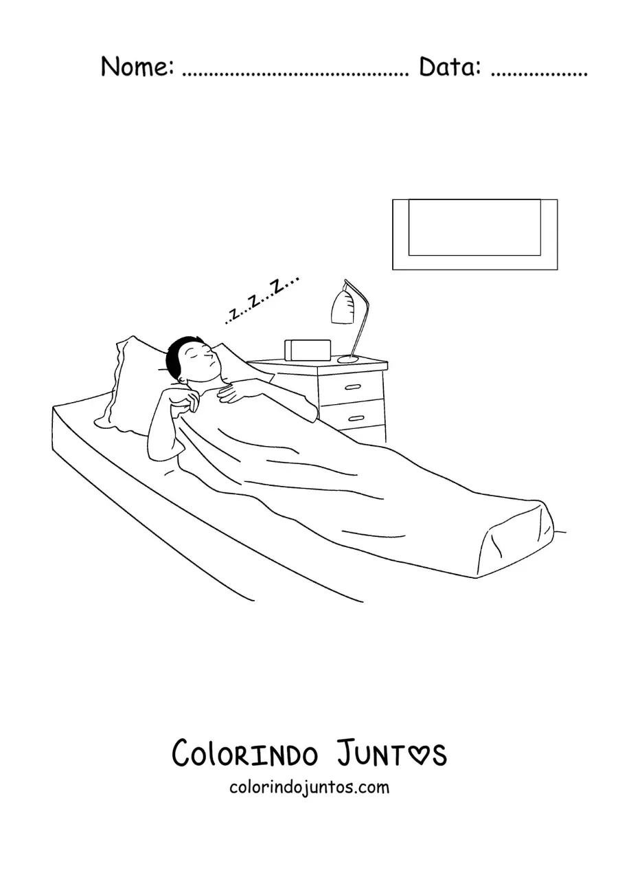 Desenho para colorir de um homem dormindo na cama sonhando