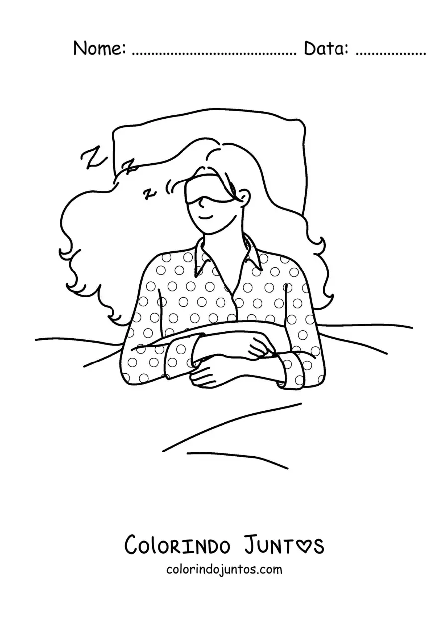Desenho para colorir de uma menina dormindo na cama com máscara de dormir