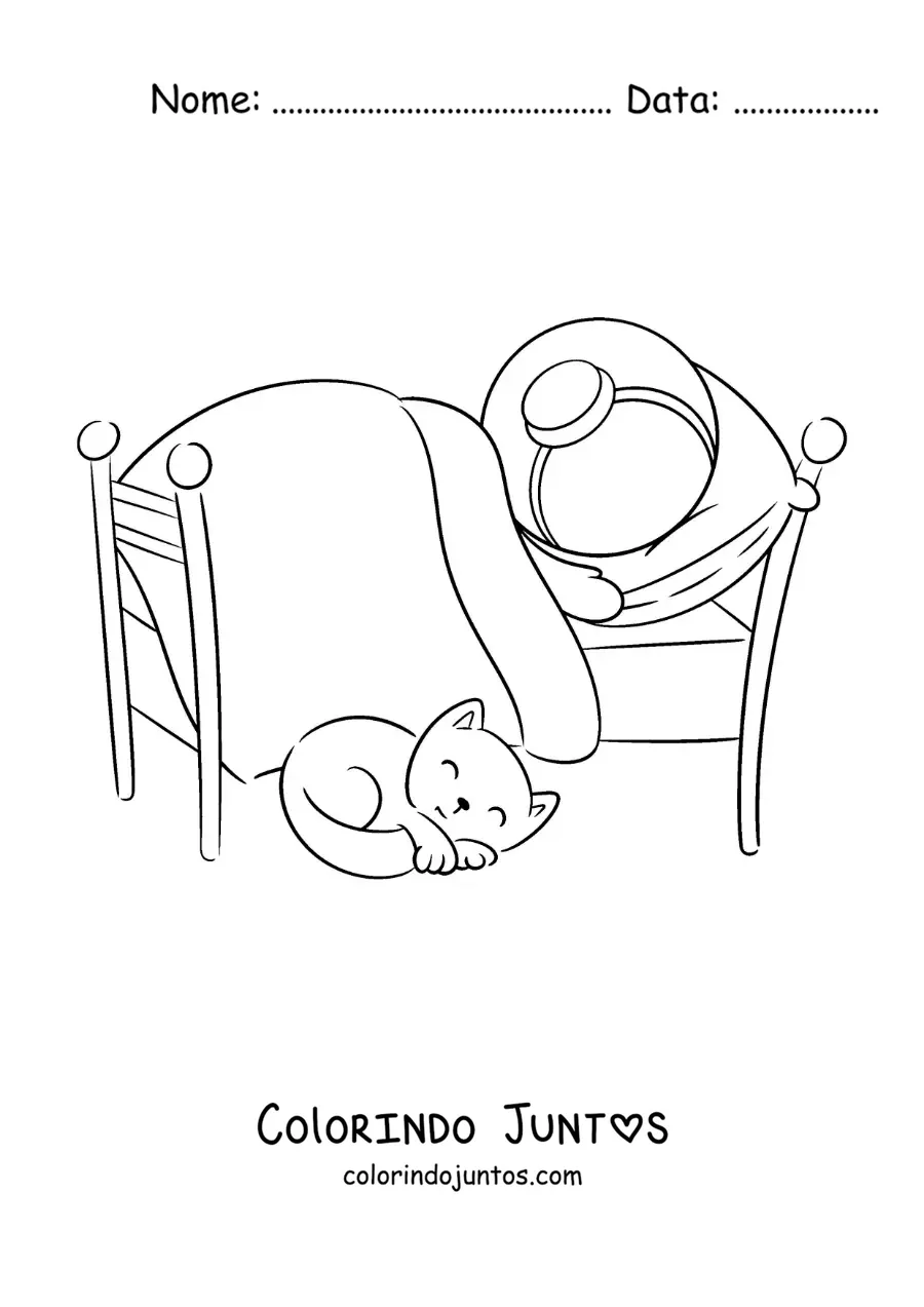 Desenho para colorir de um astronauta animado dormindo na cama com seu gato