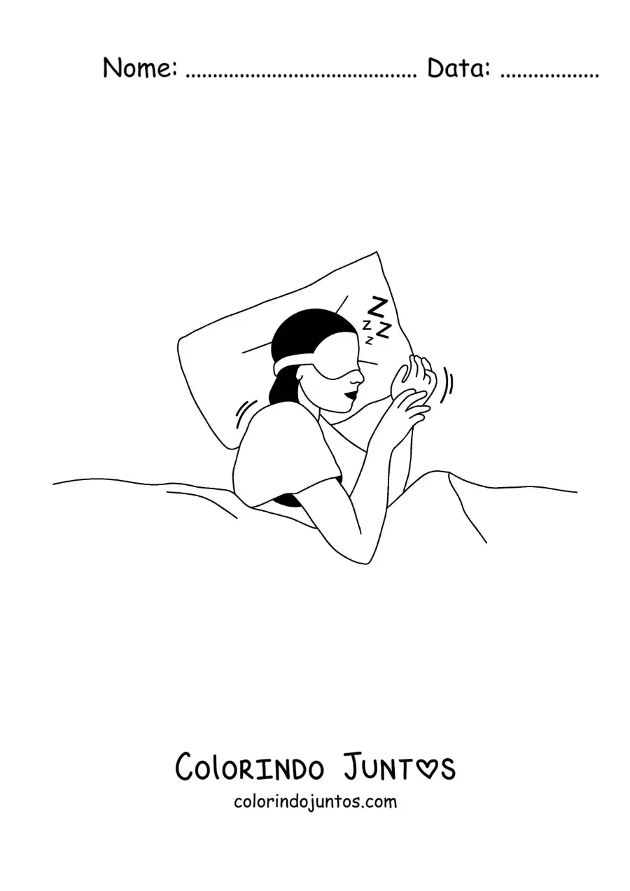 Desenho para colorir de uma mulher dormindo com máscara de dormir