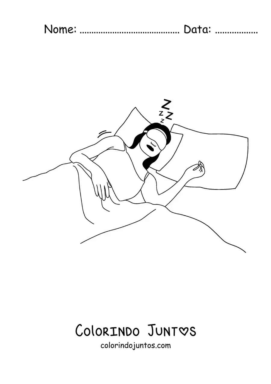 Desenho para colorir de uma mulher dormindo na cama com máscara de dormir