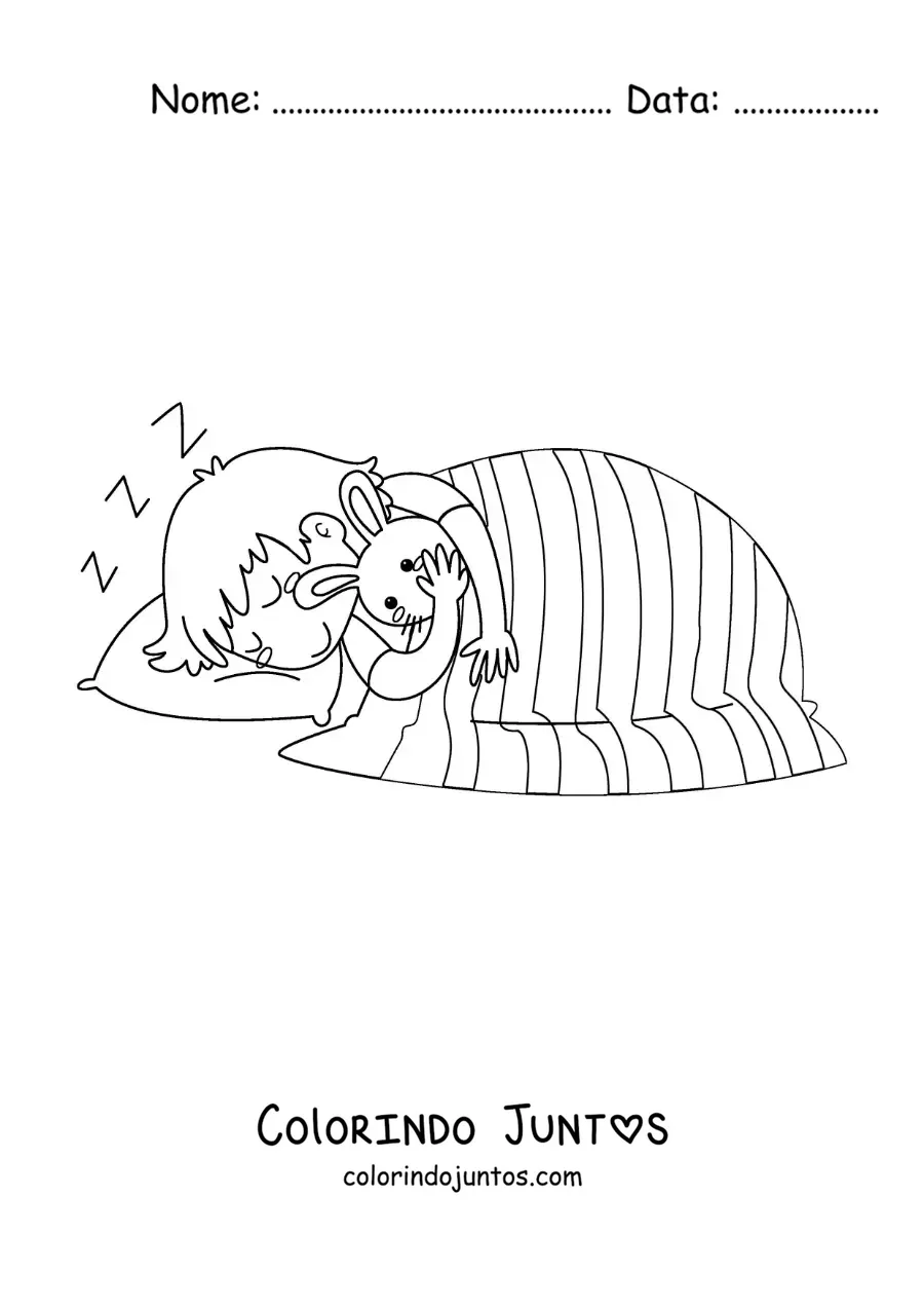 Desenho para colorir de um menino dormindo na cama com seu coelho de pelúcia