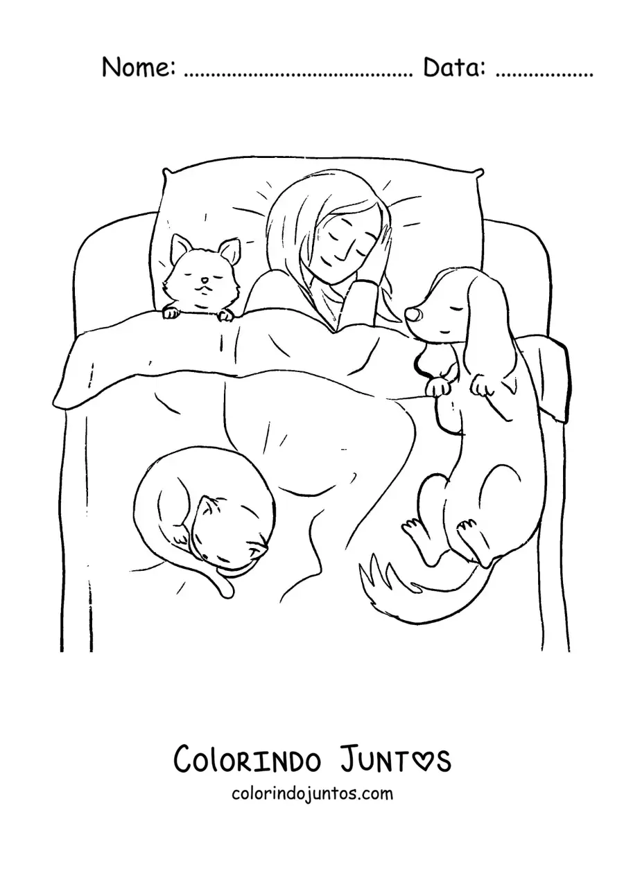 Desenho para colorir de uma menina dormindo na cama com seus bichinhos
