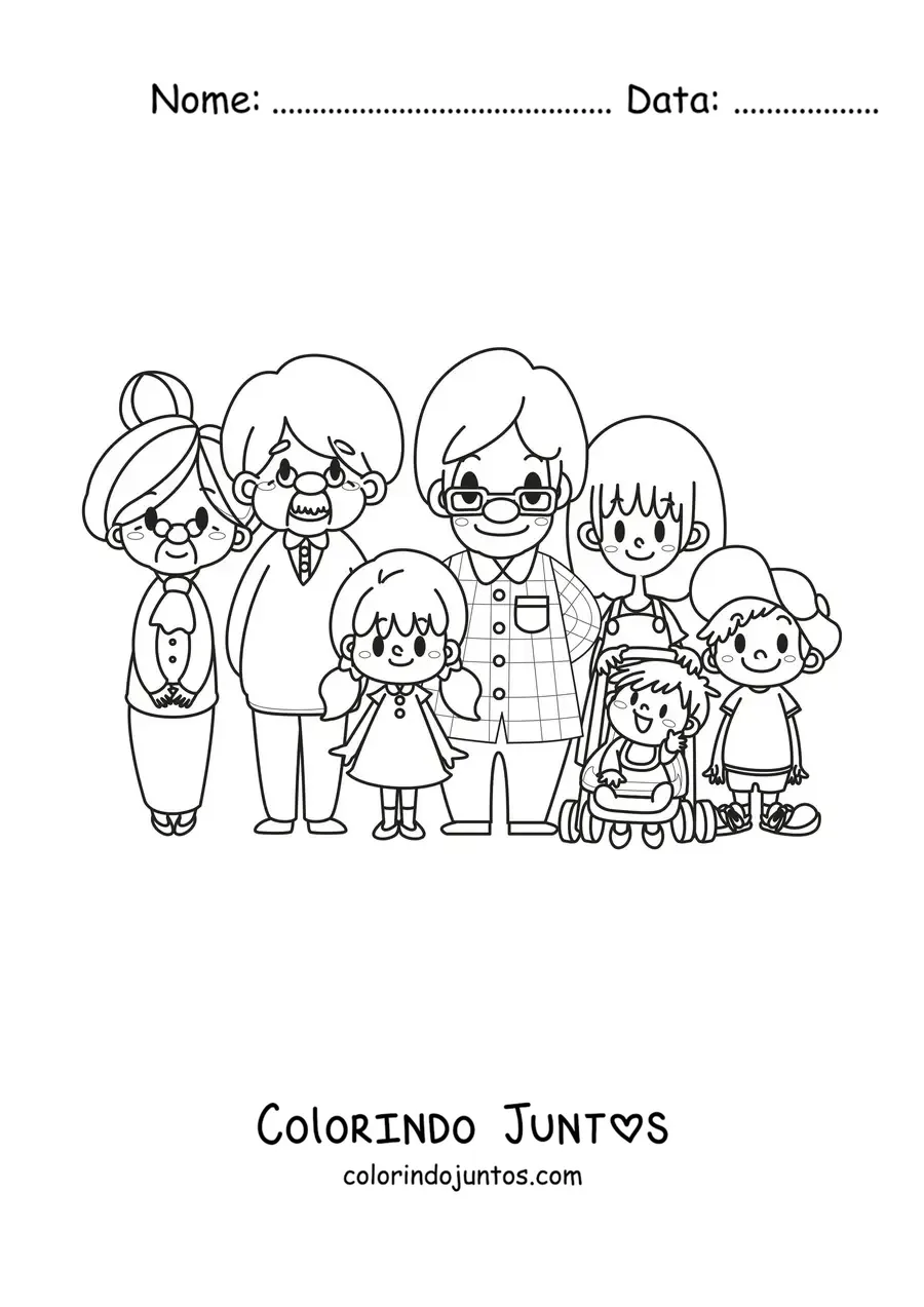 Desenho para colorir de uma família kawaii posando com um casal de avós