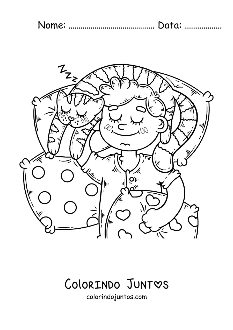 Desenho para colorir de um menino dormindo na cama com seu gato