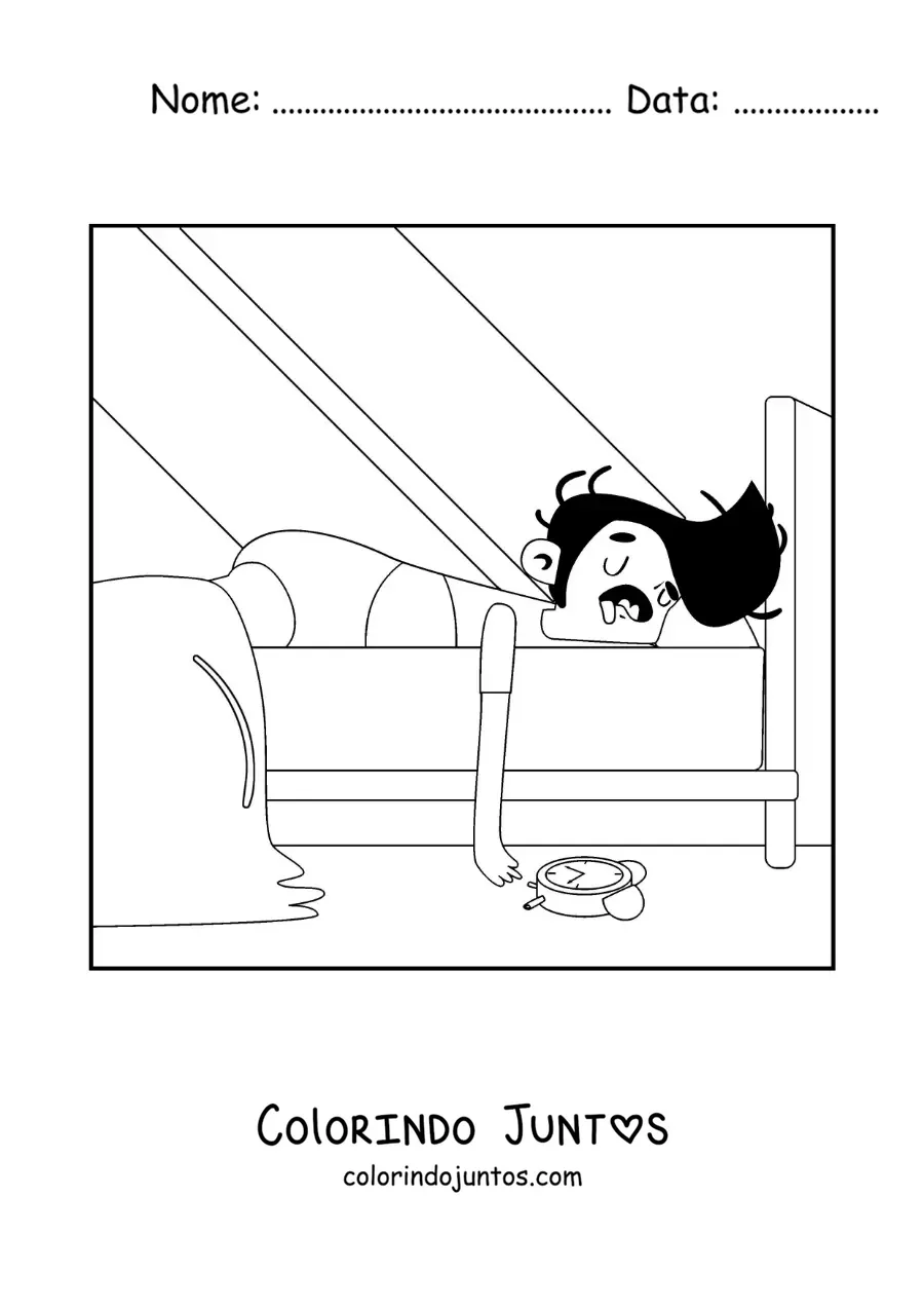 Desenho para colorir de um homem dormindo até tarde na cama