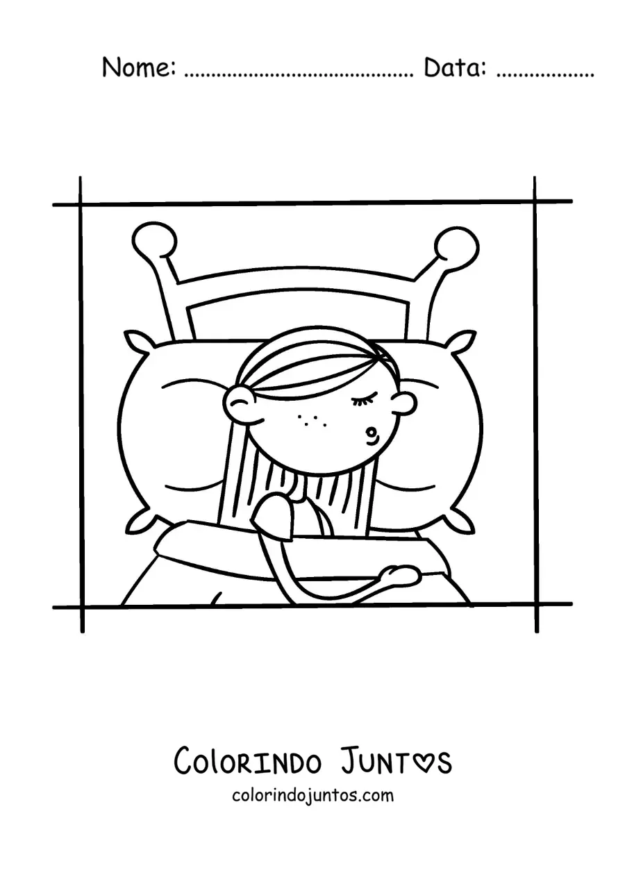 Desenho para colorir de uma menina dormindo na cama