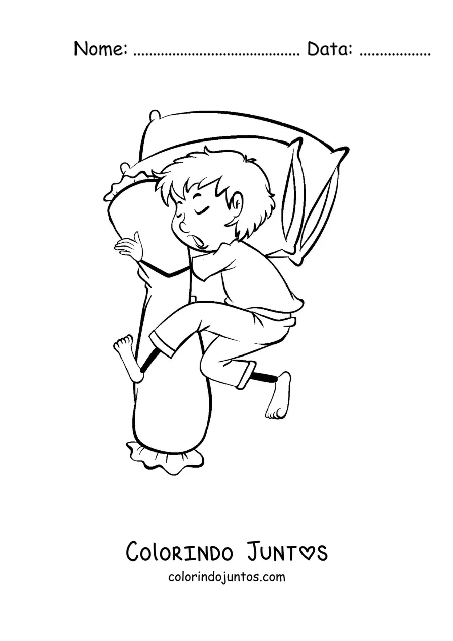 Desenho para colorir de um menino animado dormindo abraçando um travesseiro