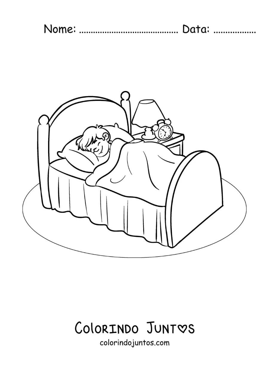 Desenho para colorir de um menino animado dormindo no quarto com um despertador