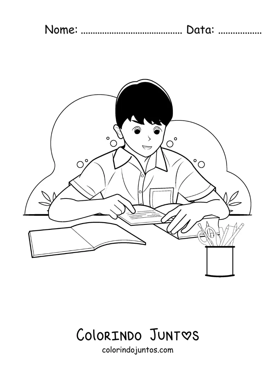Desenho para colorir de um menino de uniforme estudando em um livro