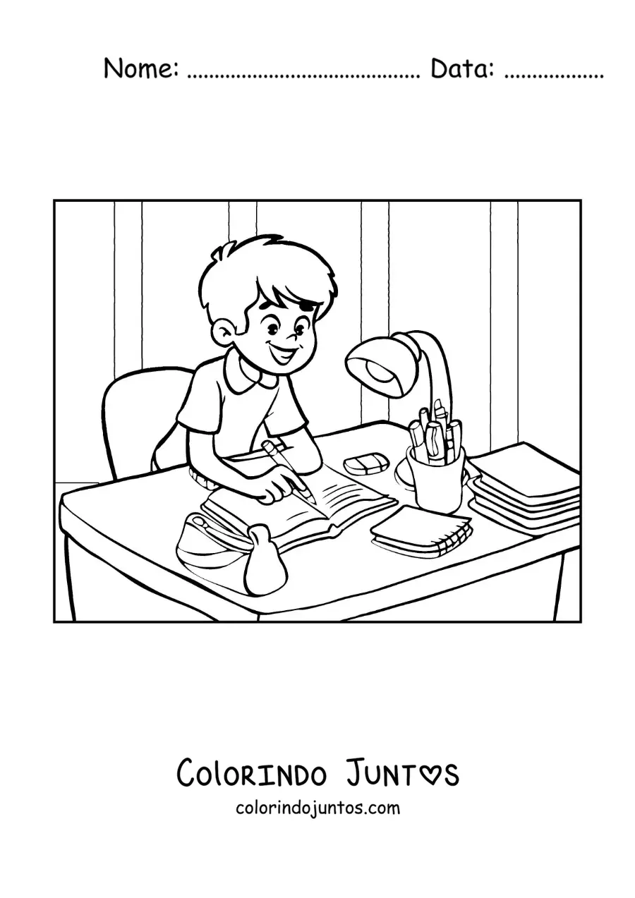 Desenho para colorir de um menino fazendo a lição de casa em uma escrivaninha