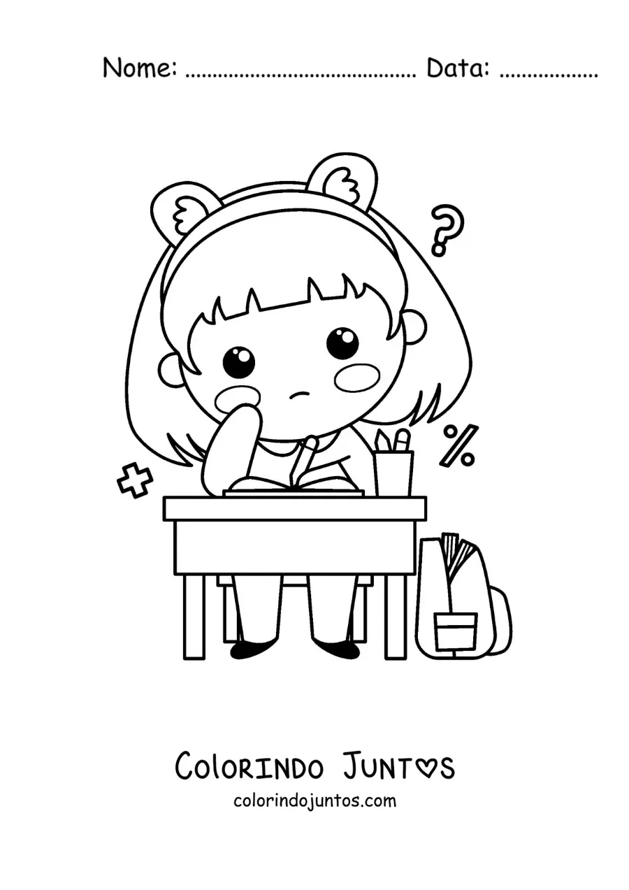 Desenho para colorir de uma menina kawaii fazendo a lição de matemática em uma carteira