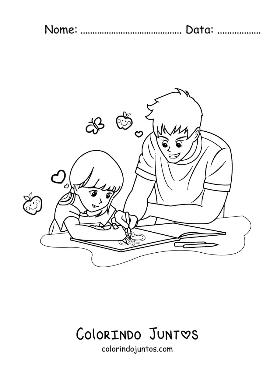 Desenho para colorir de um pai ajudando a filha a fazer a lição de casa