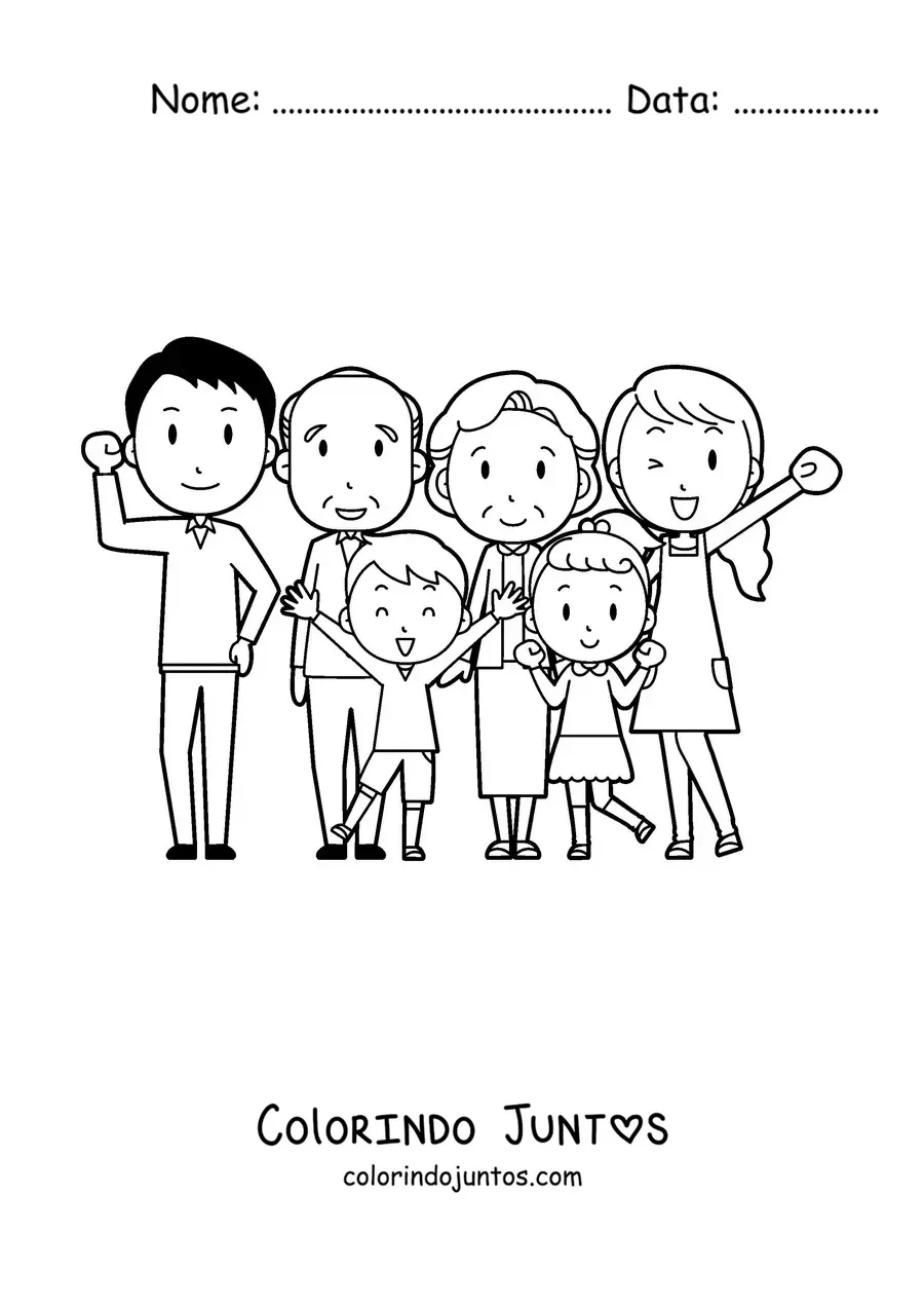 Desenho para colorir de uma família de seis integrantes