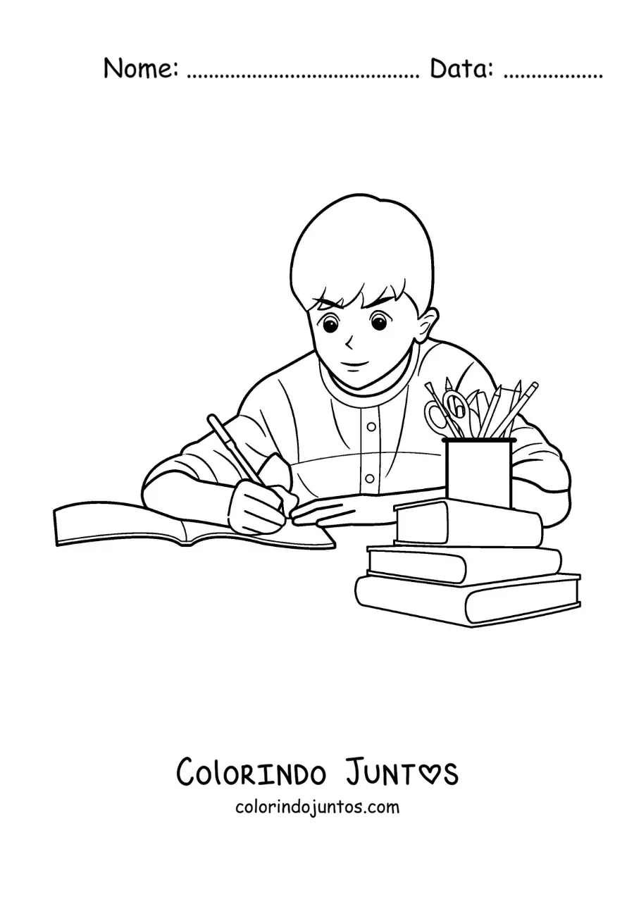 Desenho para colorir de um menino fazendo a lição de casa à mesa