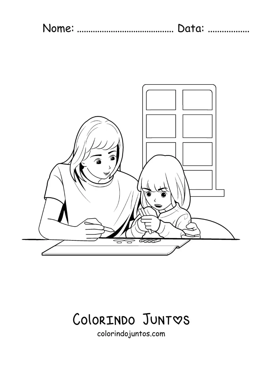 Desenho para colorir de uma mãe ajudando a filha a fazer a lição de casa