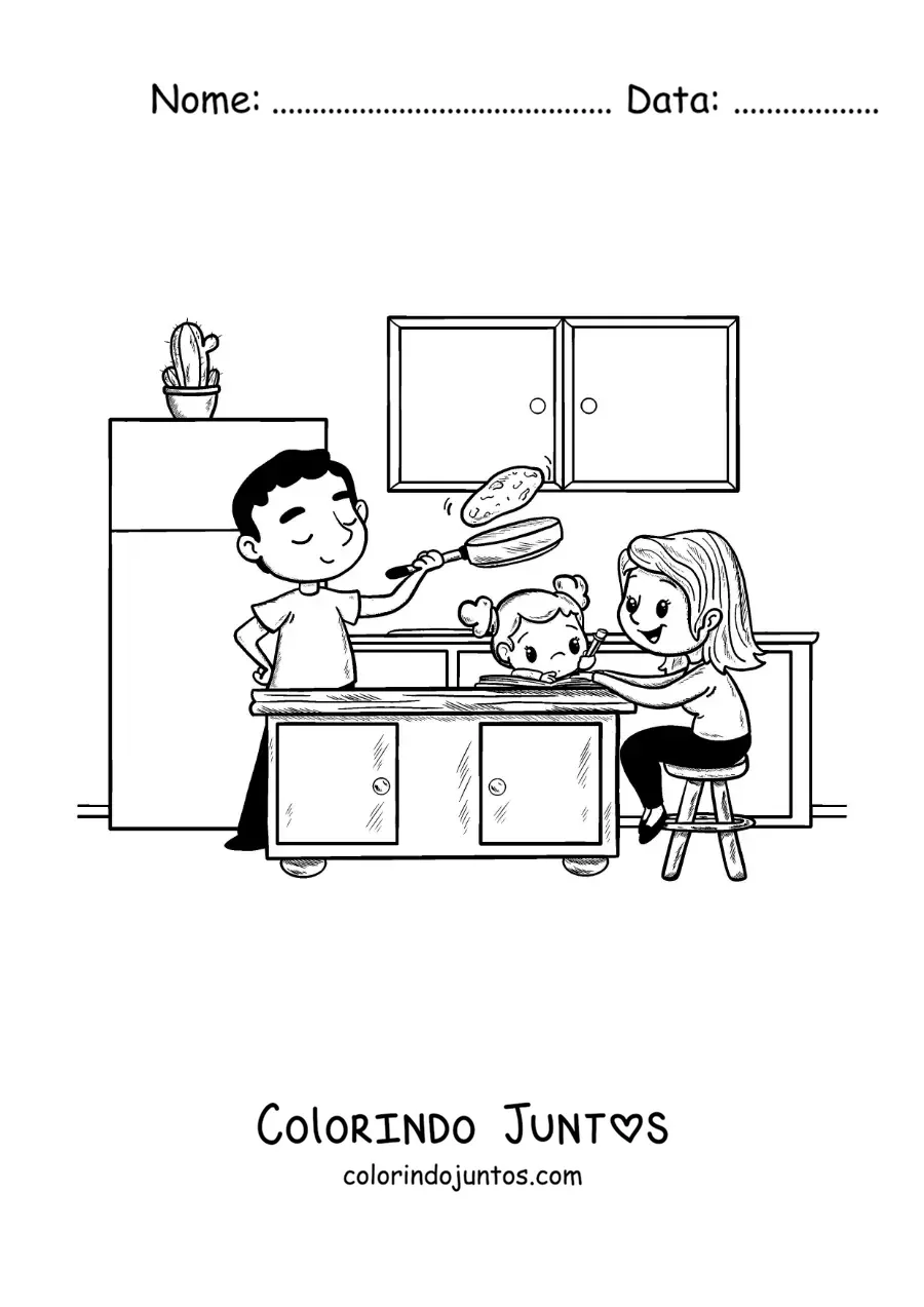 Desenho para colorir de uma mãe ajudando a filha com a lição enquanto o pai cozinha