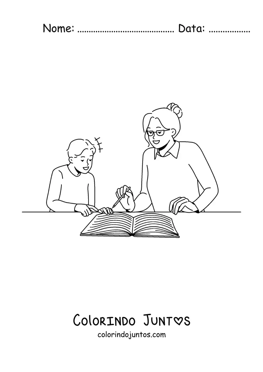Desenho para colorir de uma mãe ajudando o filho com a lição de casa