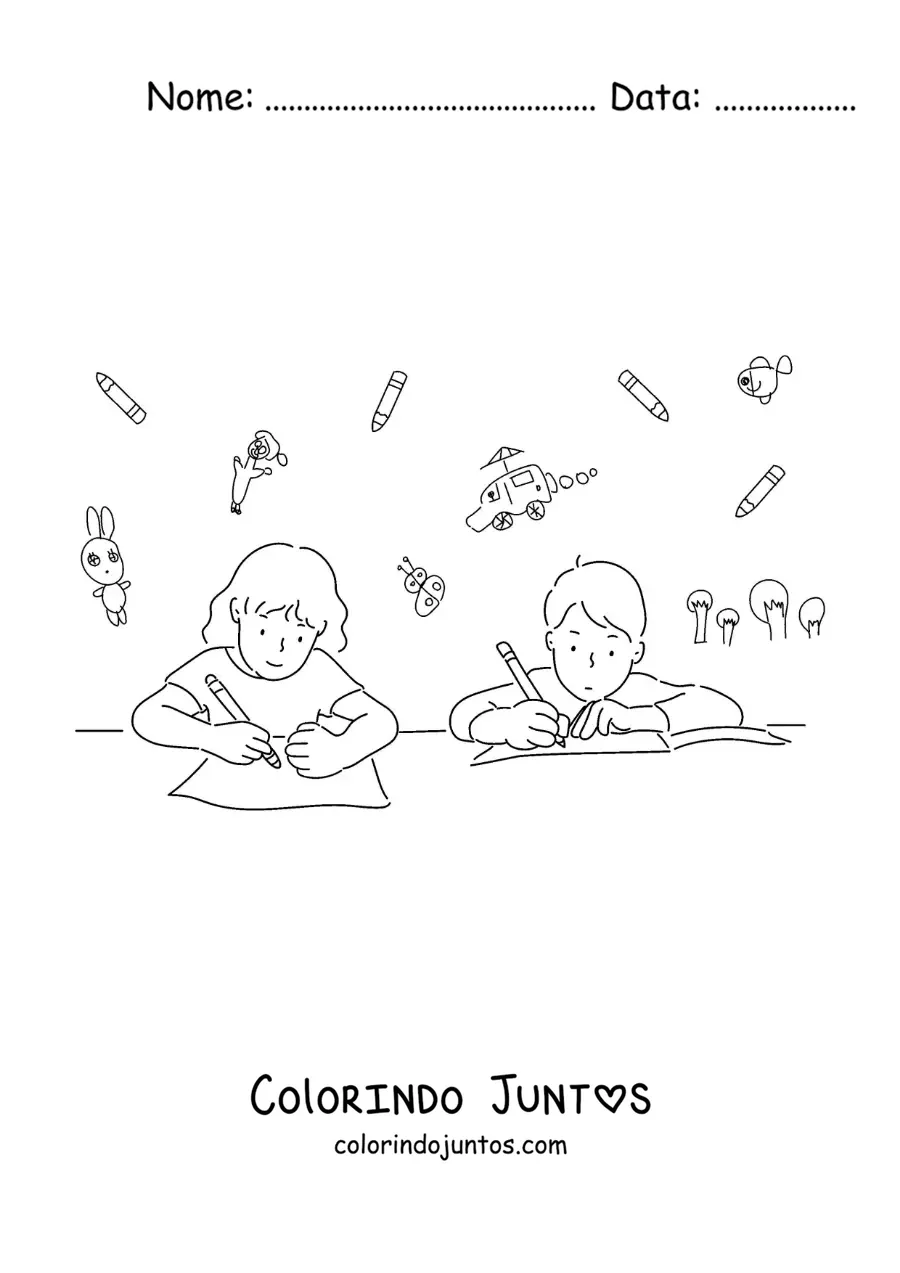 Desenho para colorir de duas crianças fazendo a lição de casa à mesa