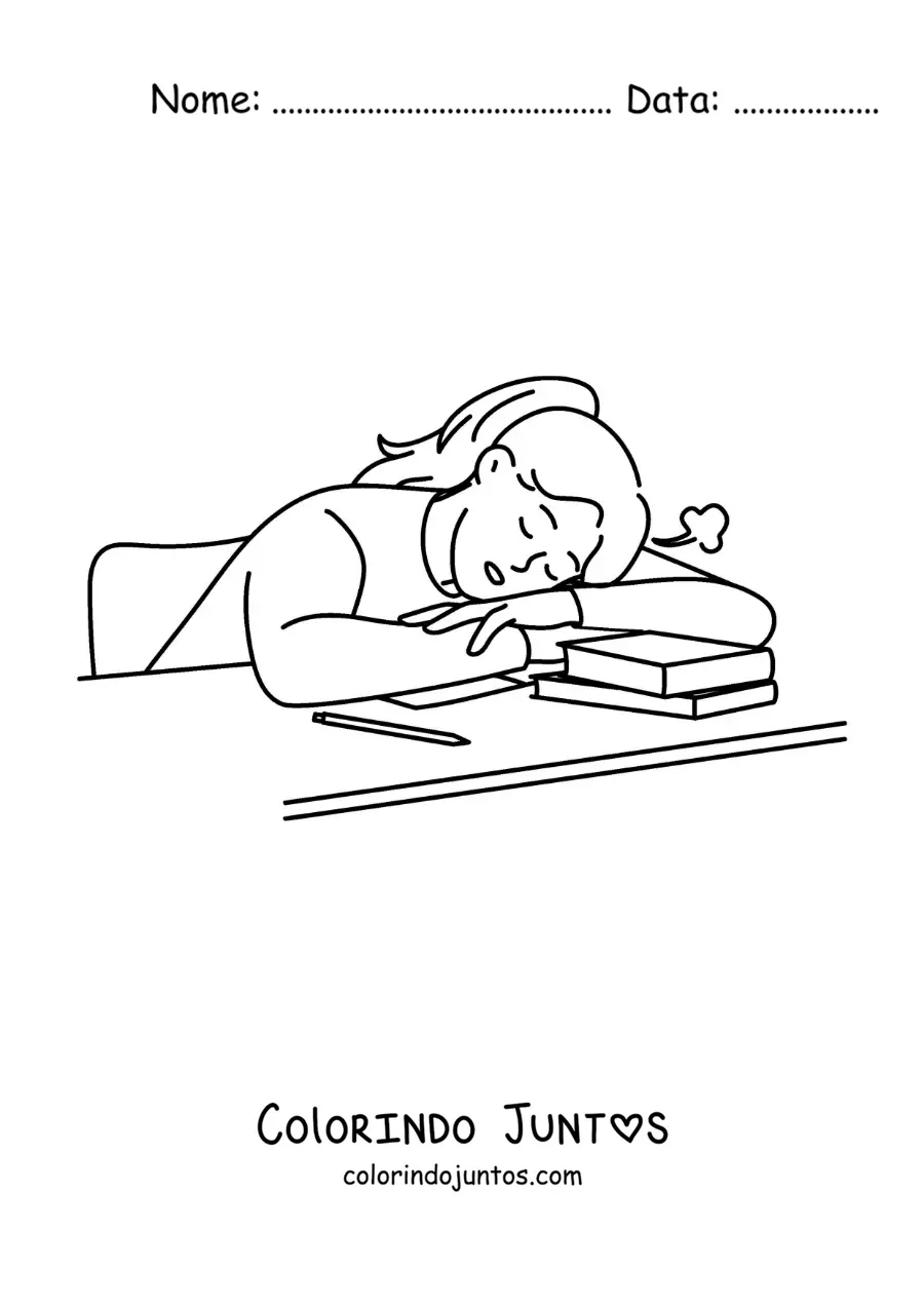 Desenho para colorir de uma menina dormindo na mesa depois de fazer a lição de casa