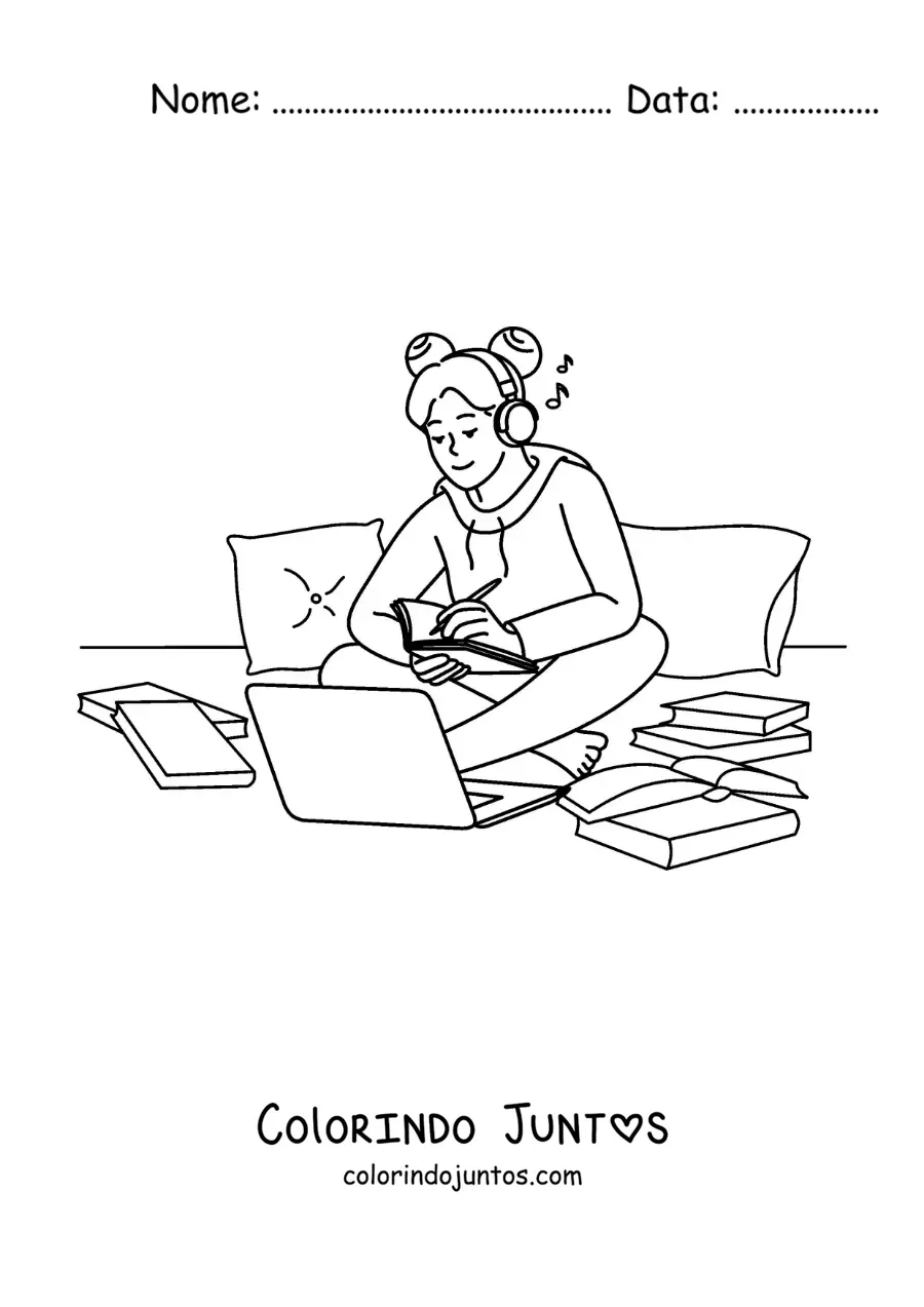 Desenho para colorir de uma menina fazendo a lição de casa com a ajuda de um notebook