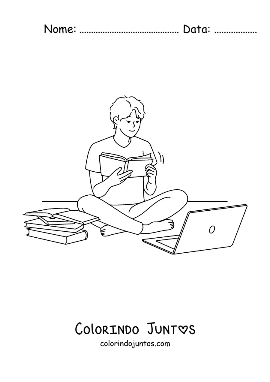 Desenho para colorir de um menino fazendo a lição de casa com a ajuda de um notebook