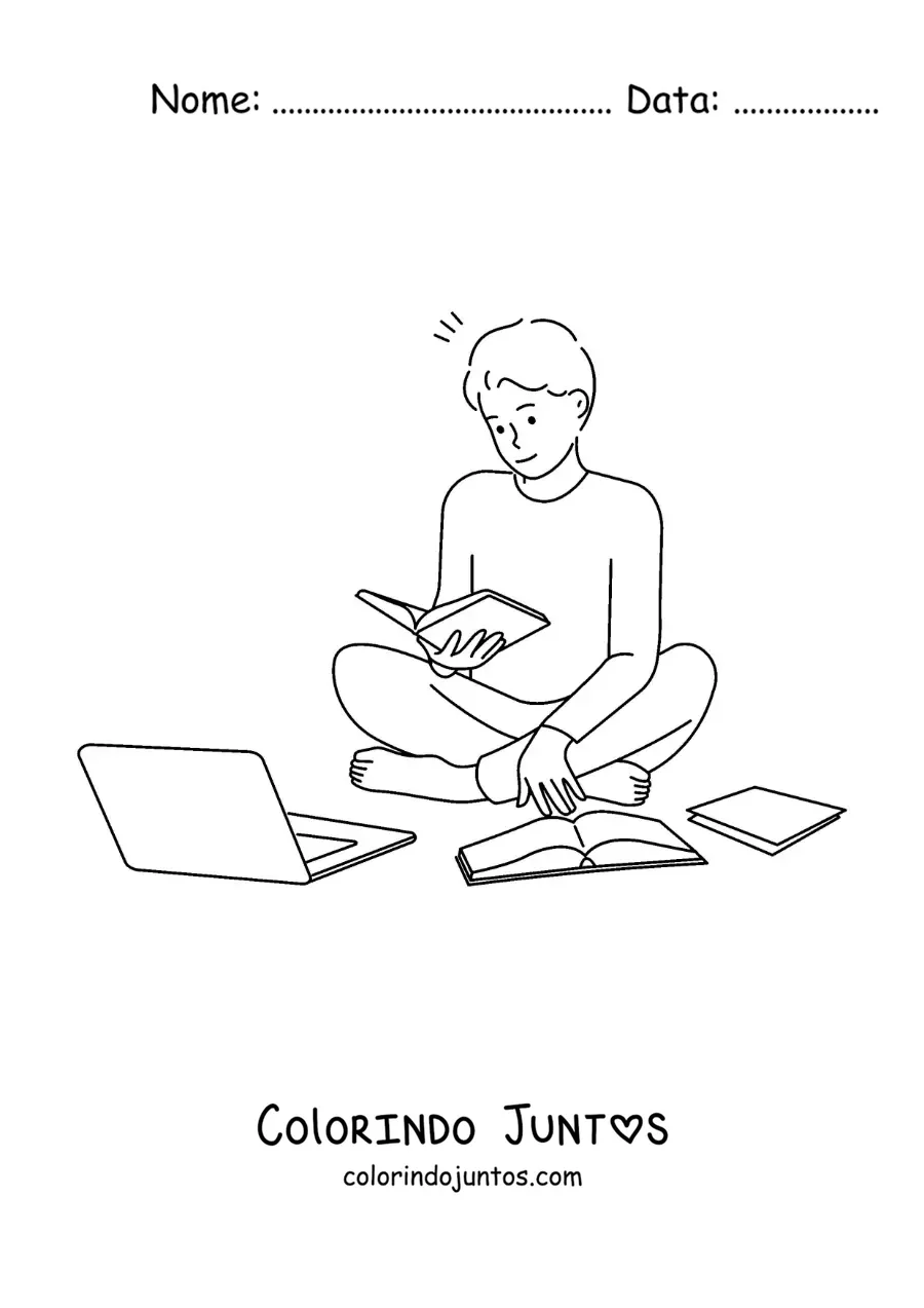 Desenho para colorir de um menino estudando para a escola com livros e um notebook