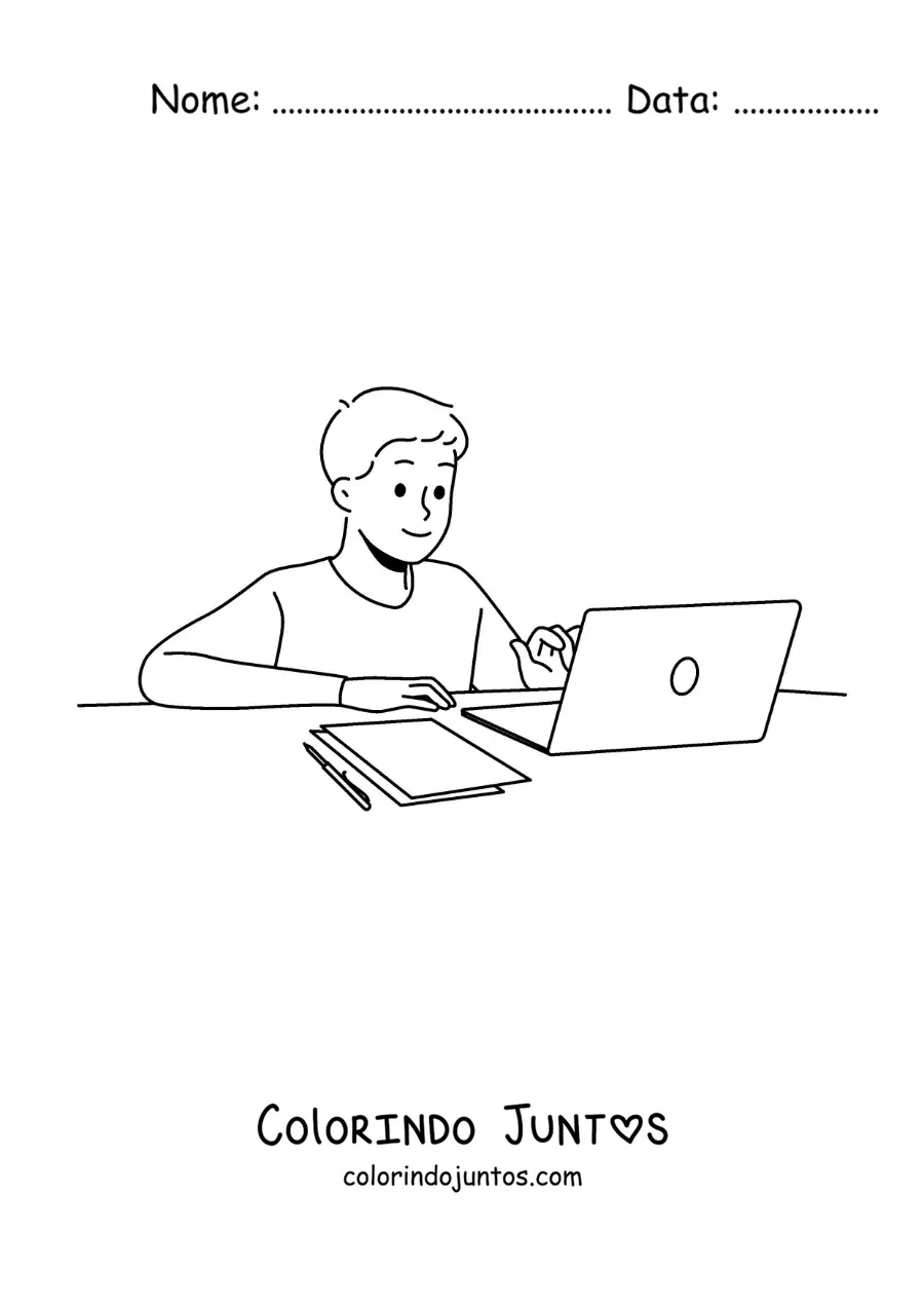Desenho para colorir de um menino pesquisando para a lição de casa com um notebook