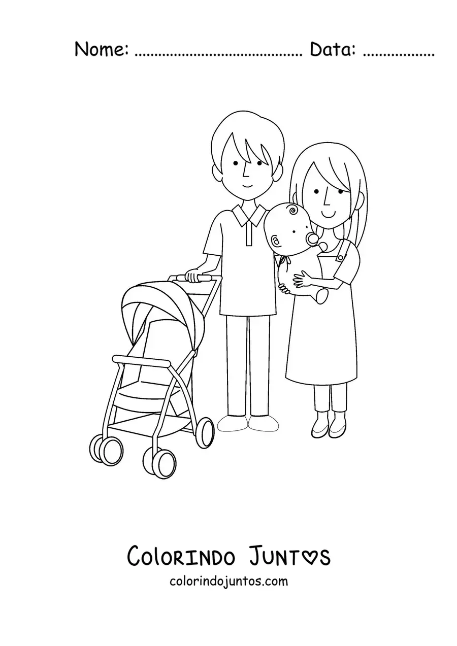Desenho para colorir de dois pais passeando com um bebê