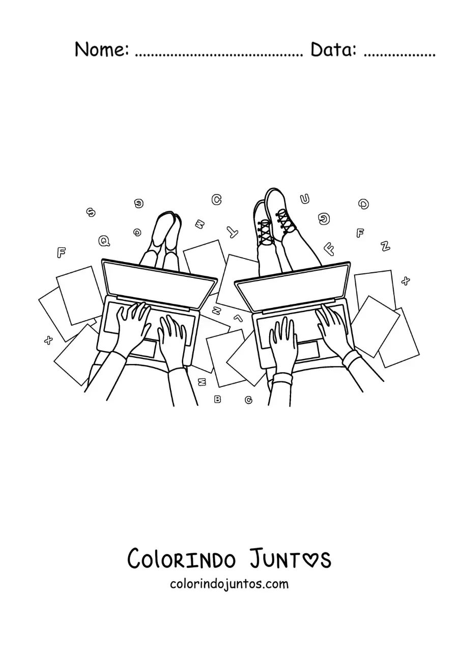 Desenho para colorir de dois jovens sentados fazendo a lição de casa em computadores