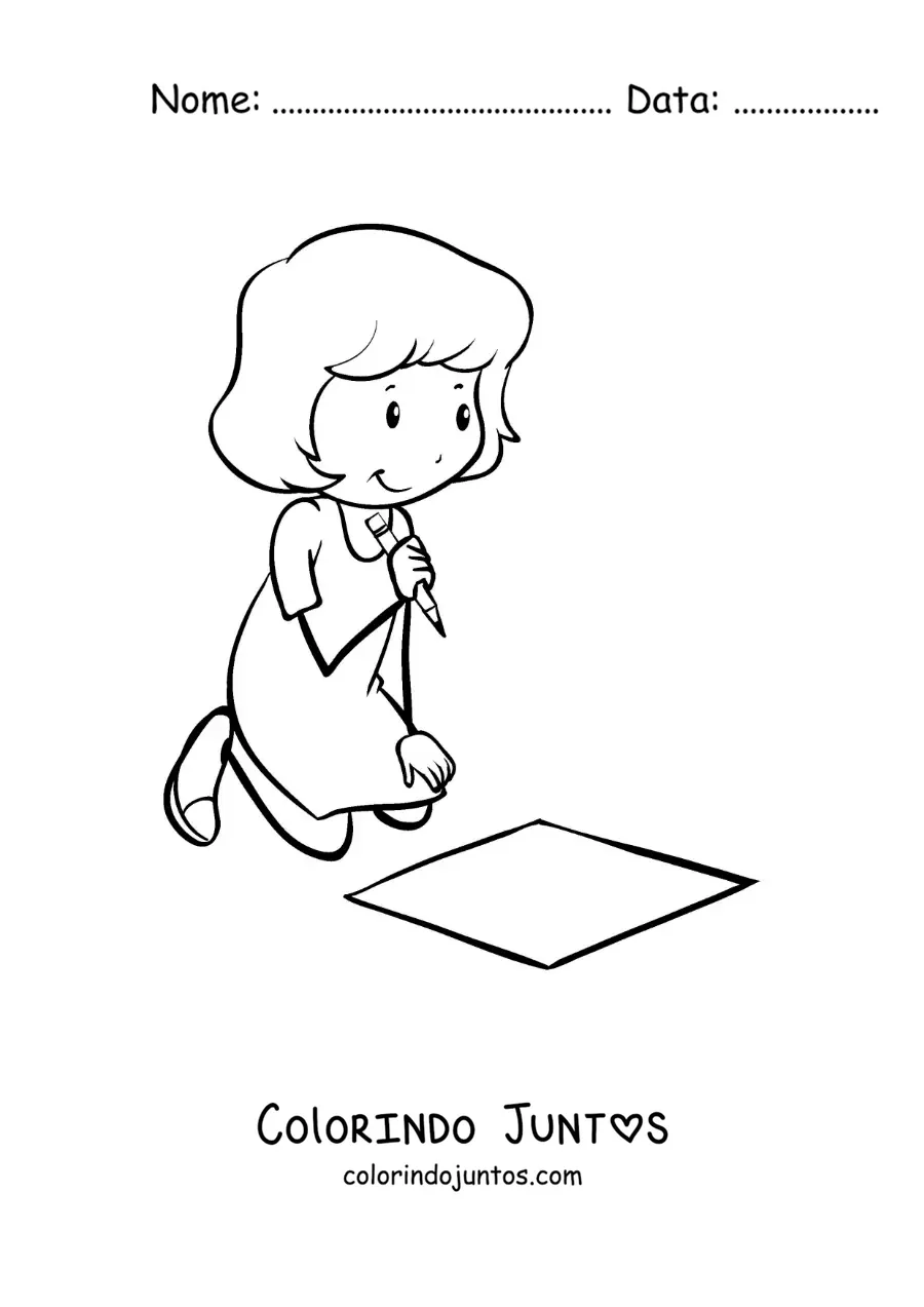 Desenho para colorir de uma menina escrevendo no chão