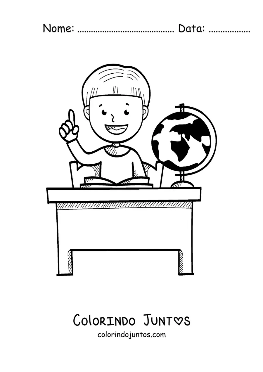 Desenho para colorir de um menino levantando a mão em uma carteira