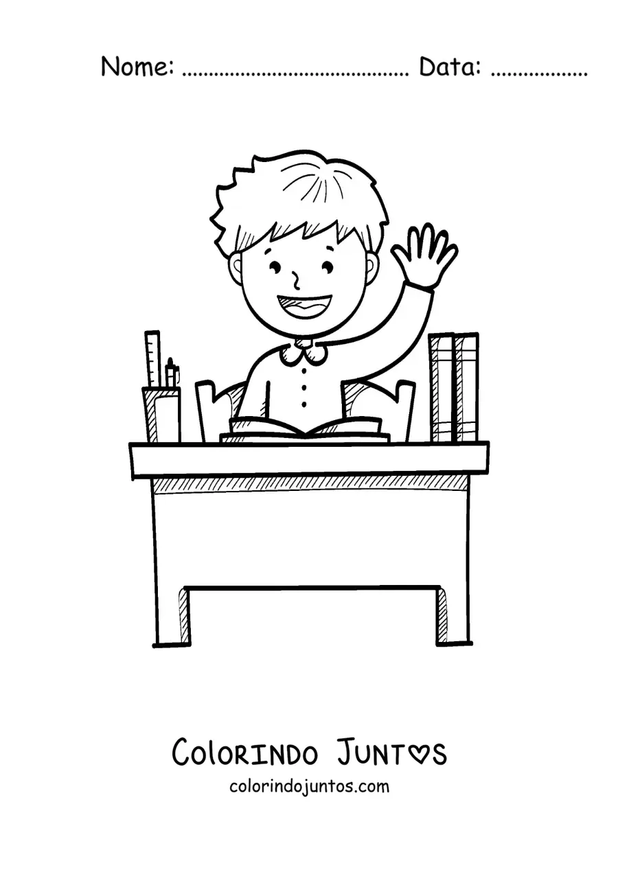 Desenho para colorir de um menino erguendo a mão em uma carteira