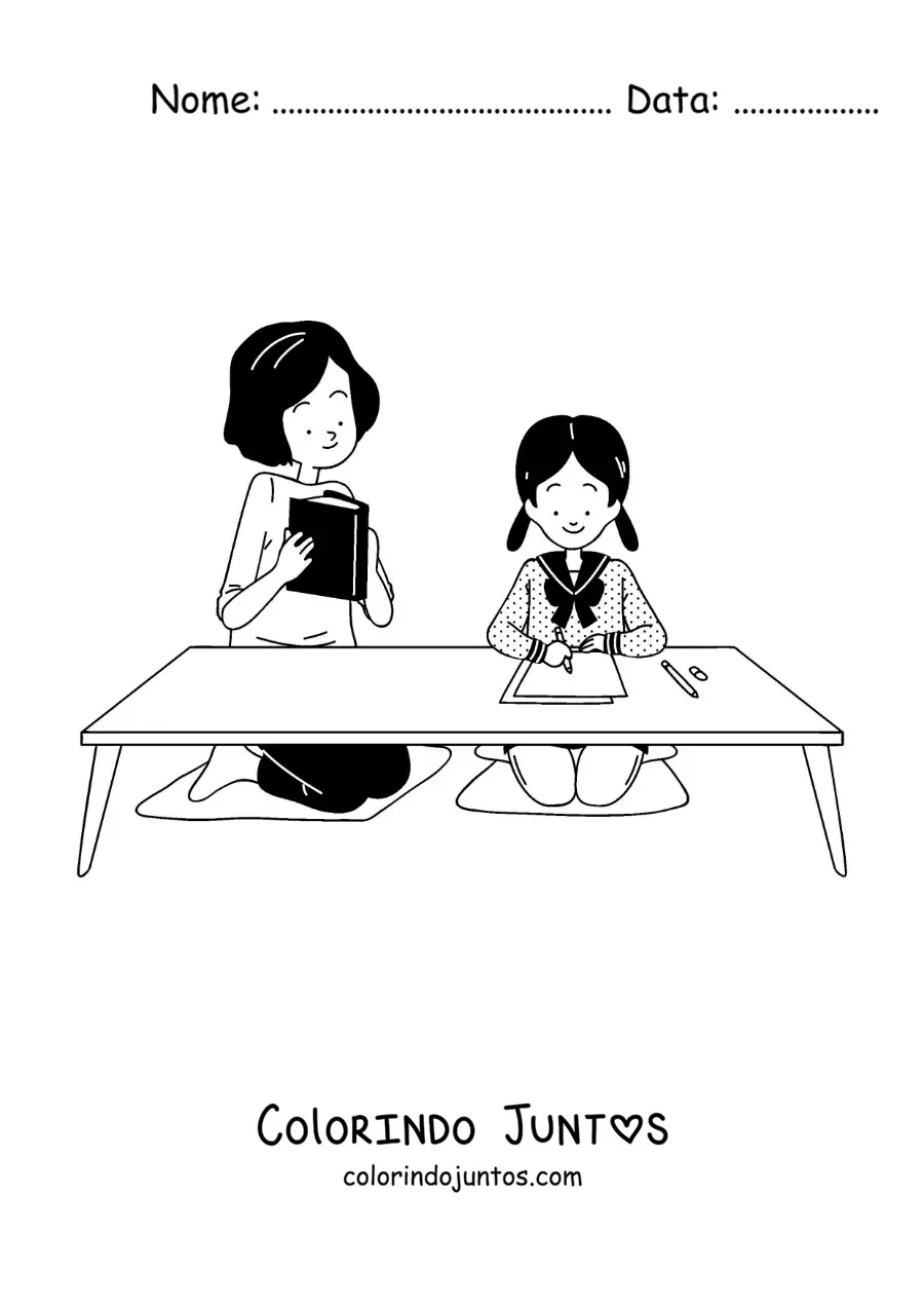 Desenho para colorir de uma mãe ajudando a filha com a lição de casa depois da escola