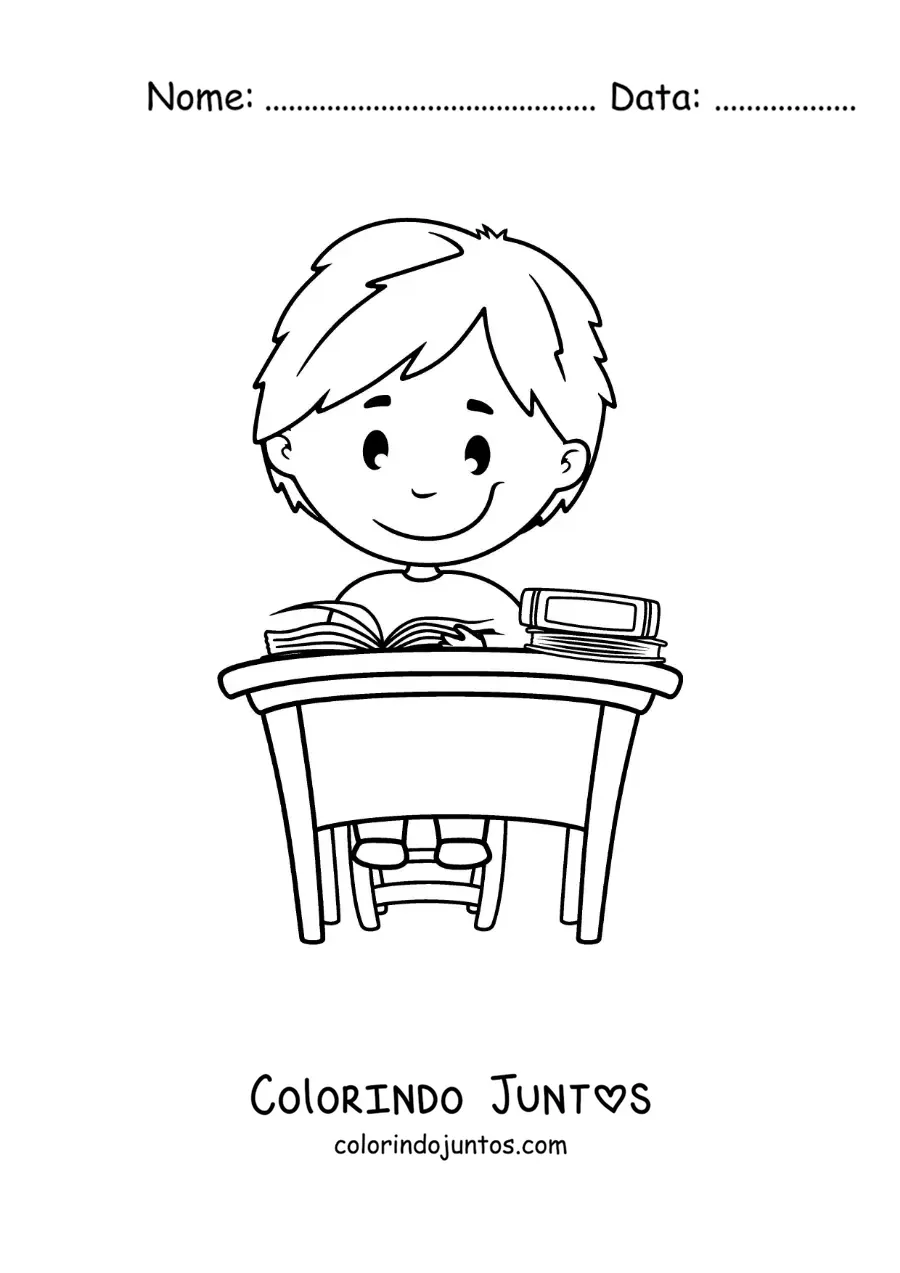 Desenho para colorir de um menino sentado lendo em uma escrivaninha