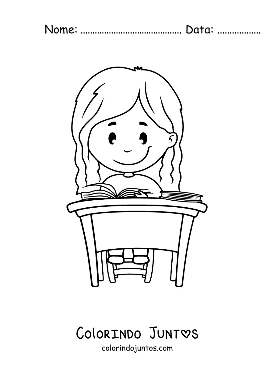 Desenho para colorir de uma menina sentada estudando em uma escrivaninha