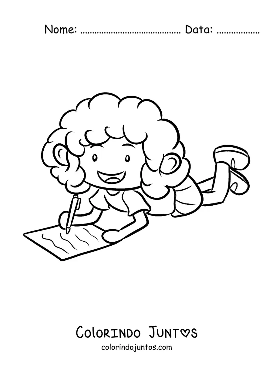 Desenho para colorir de uma menina fazendo a lição de casa no chão