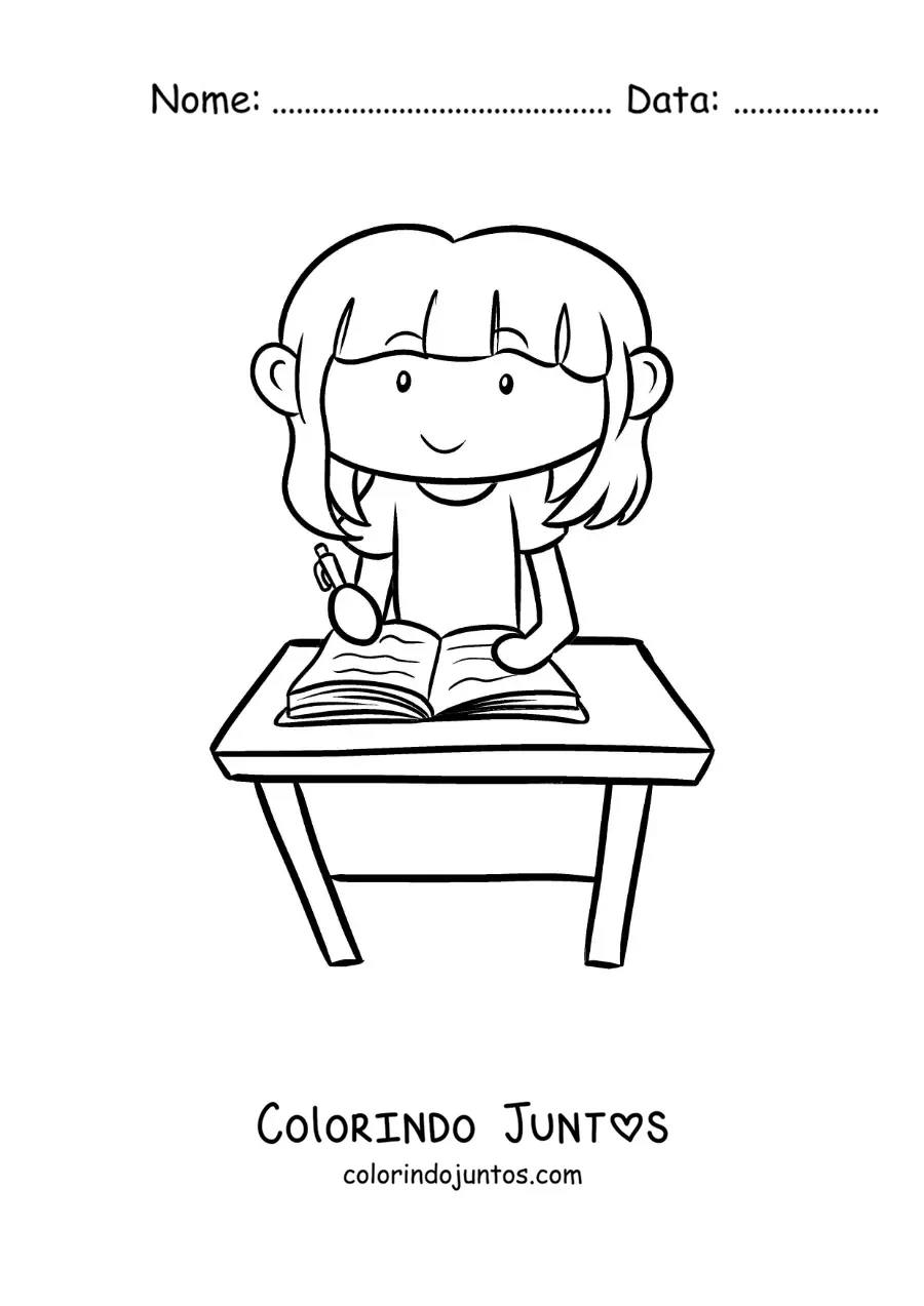Desenho para colorir de uma menina escrevendo sua tarefa em uma escrivaninha