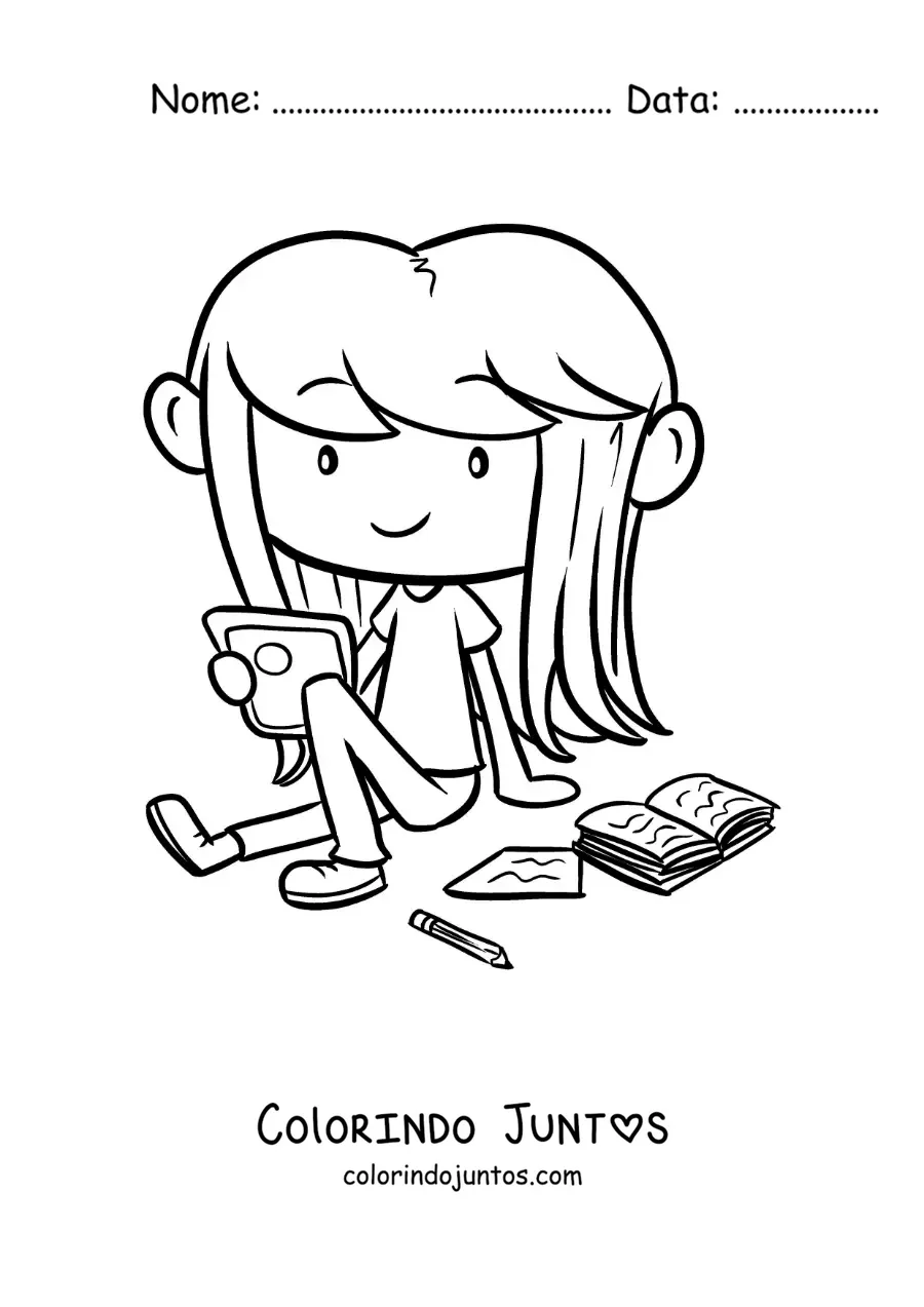 Desenho para colorir de uma menina estudando em um tablet