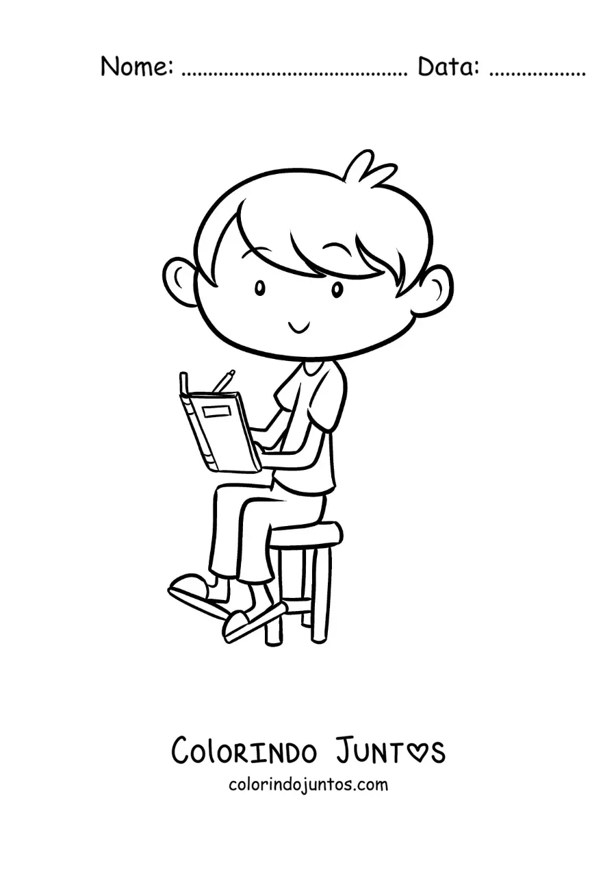 Desenho para colorir de um menino sentado em uma cadeira fazendo sua tarefa